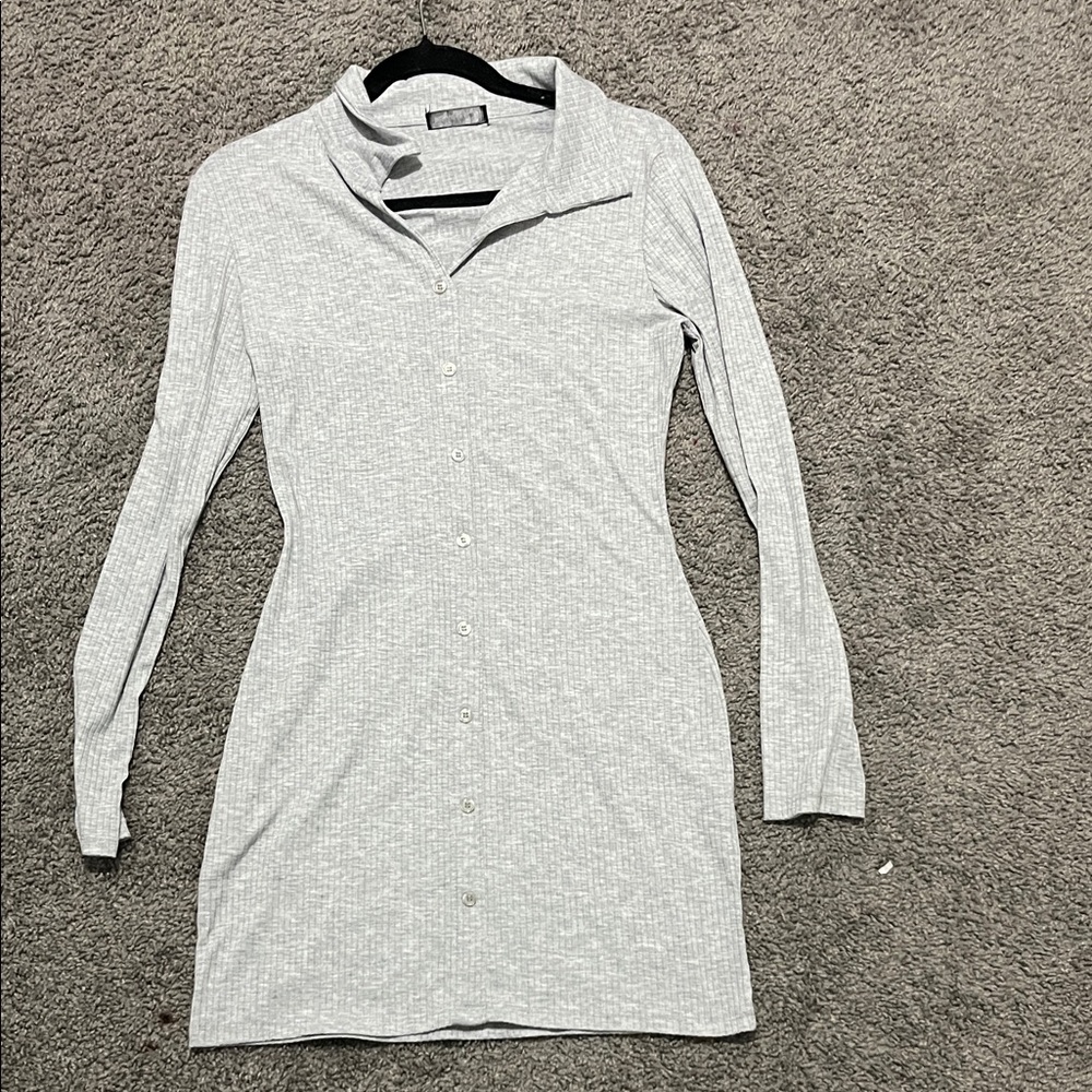 Gray Button-Up Long Sleeve dress